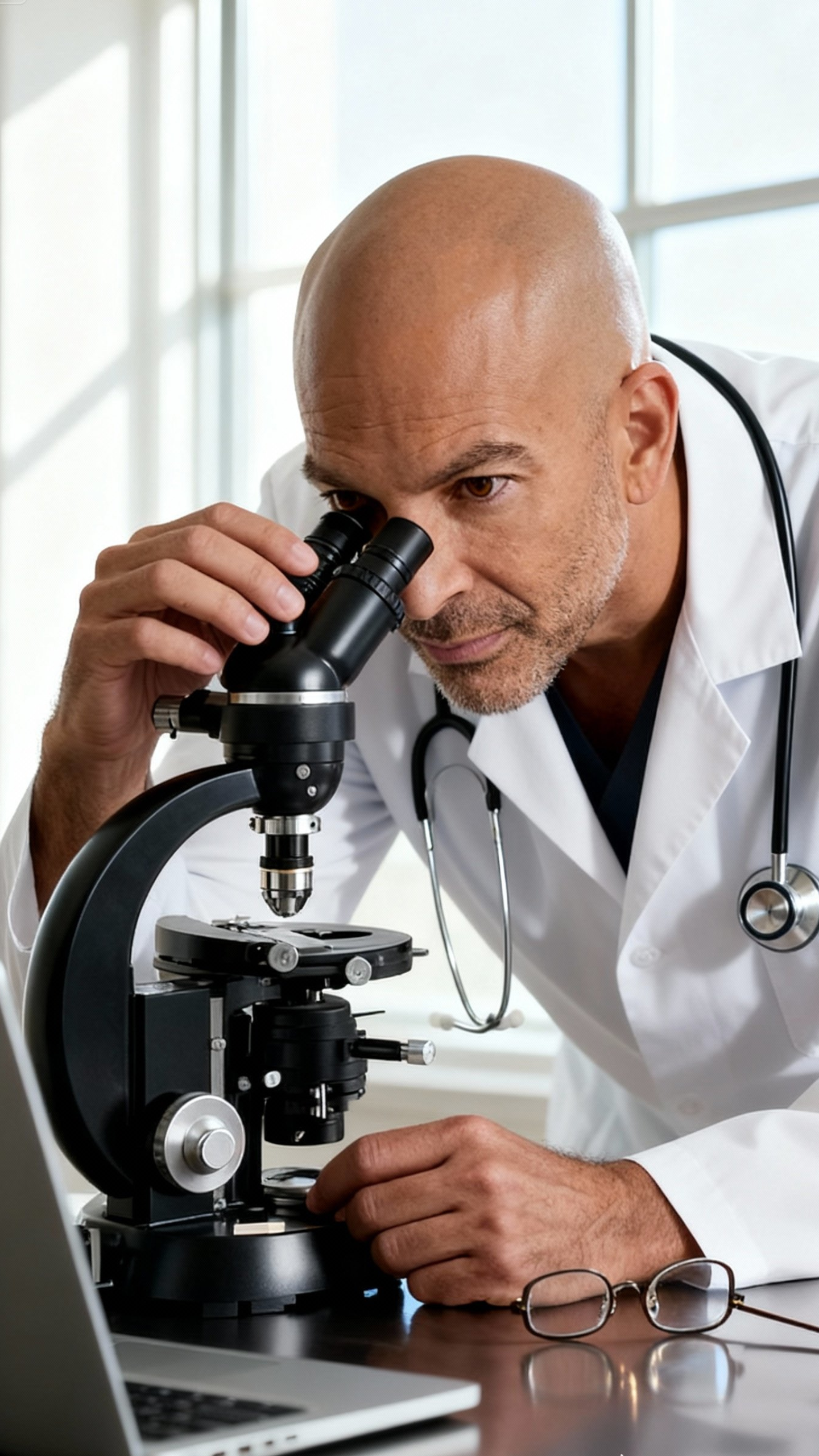 Dr. Peter Attia analyzing NeuroDyne formula under microscope